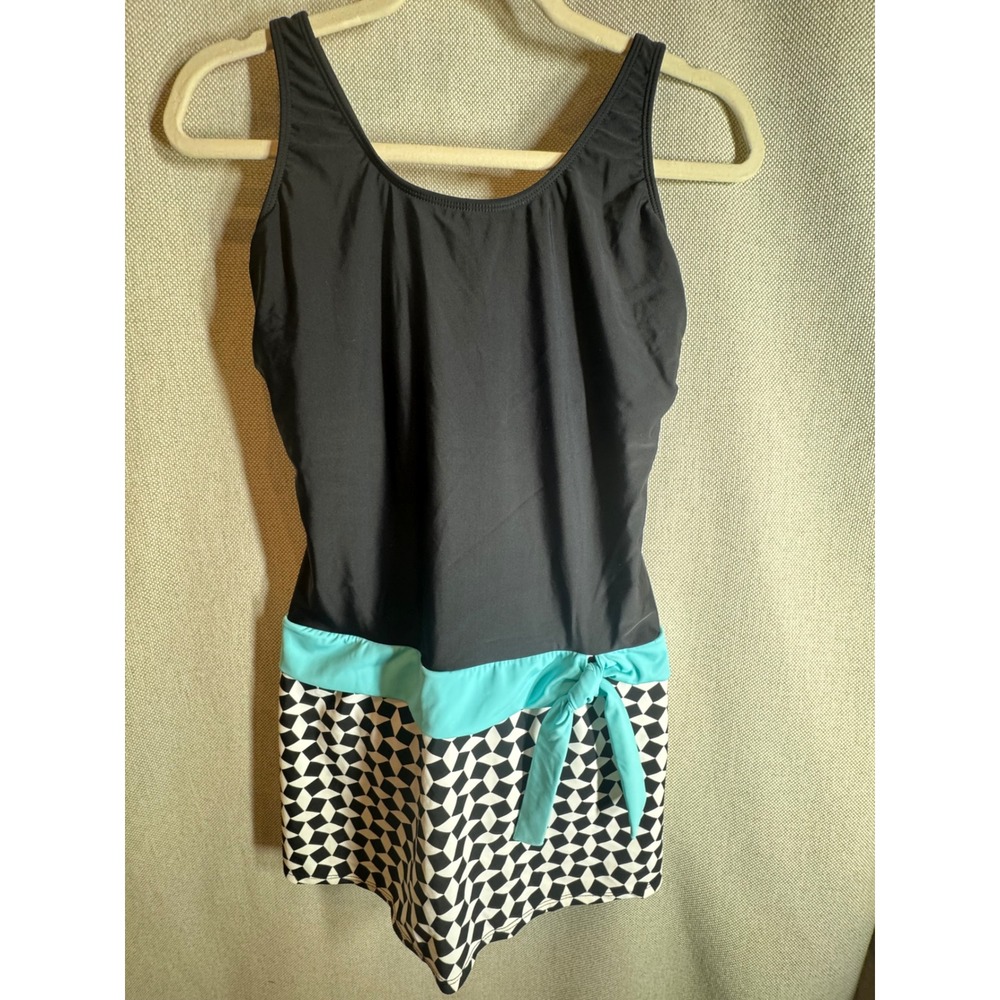 Venus Womens Swim Dress One Piece Swimsuit Black Geometric Print Turquoise 12
